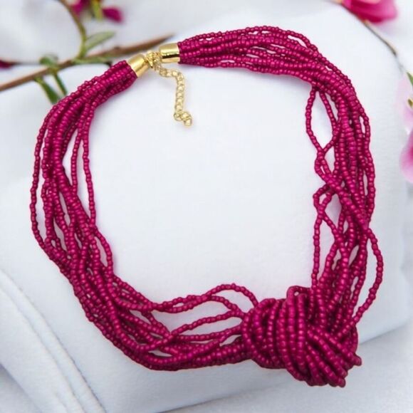 Hot Pink Beaded Necklace Chunky Bib Knot Collar Multi-strand Boho-Chic Jewelry - Picture 1 of 4